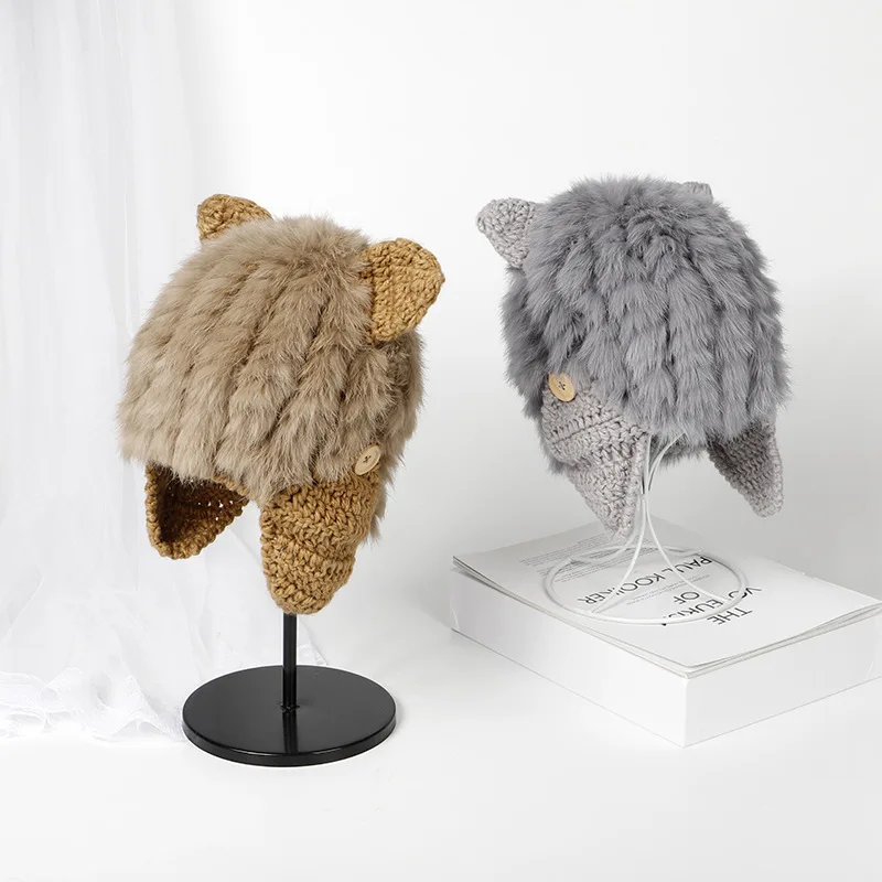 

100% Rabbit Fur Sweet and Cute Cat Ears Woolen Hat Korean Rabbit Straw Hat Women's Autumn Winter Knitted Hat Designer Beanie