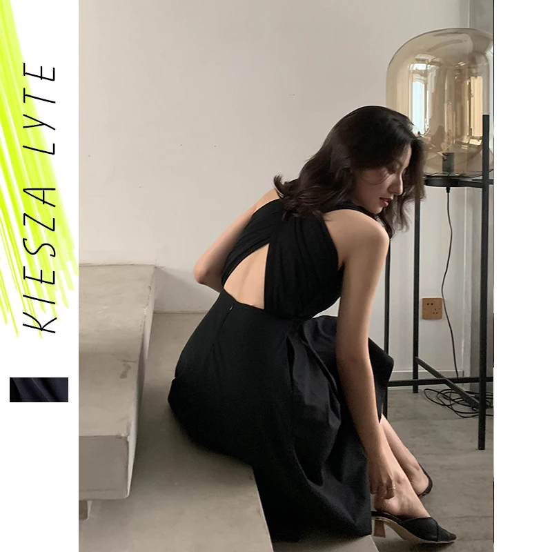 

Женское платье, лето 2020, модный однотонный черный сарафан с открытой спиной в стиле бохо для отдыха, женские платья