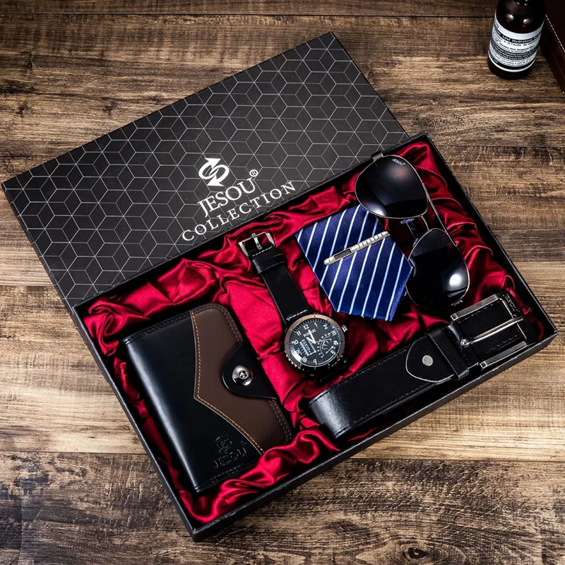

Watch Men Gift Set Sunglasses Top Quality Fashion Belt Wrist Watch Folding Wallet Tie Tie Clip Men's Valentine Day Father Gifts