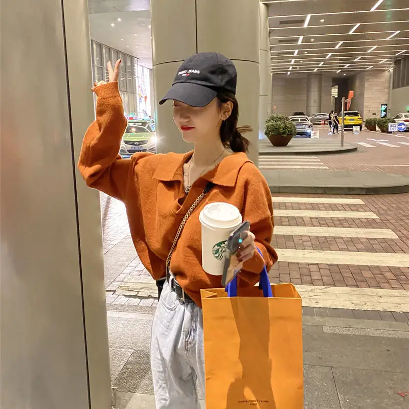 

Polo neck sweater for women's loose fitting dress 2021 spring and autumn new lazy long sleeve short V-neck top for women