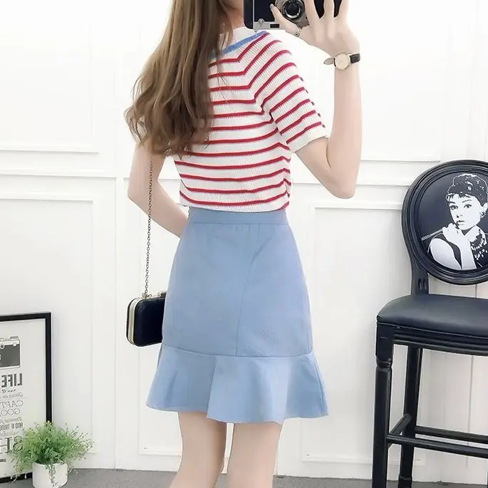 

2021 Summer New Fashion Women Striped Knitting Blouse Top and Bag Hip Mini Skirt Suits Two-Piece Set Female Korean Outfit Q257