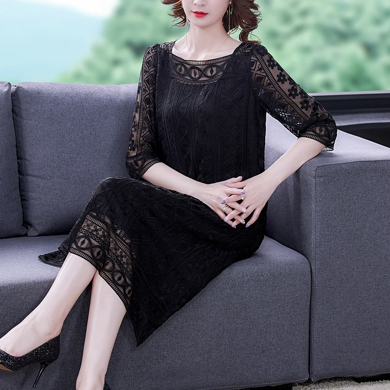 

New fashion Summer Vinatge L-5XL Plus Size Solid Dress Black Lace Casual Loose Midi Dress 2021 Women Elegant Slim PartyVestidos