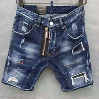 summer dsquared2 new denim shorts fashion zipper paint broken ink slim hole d2 denim shorts men