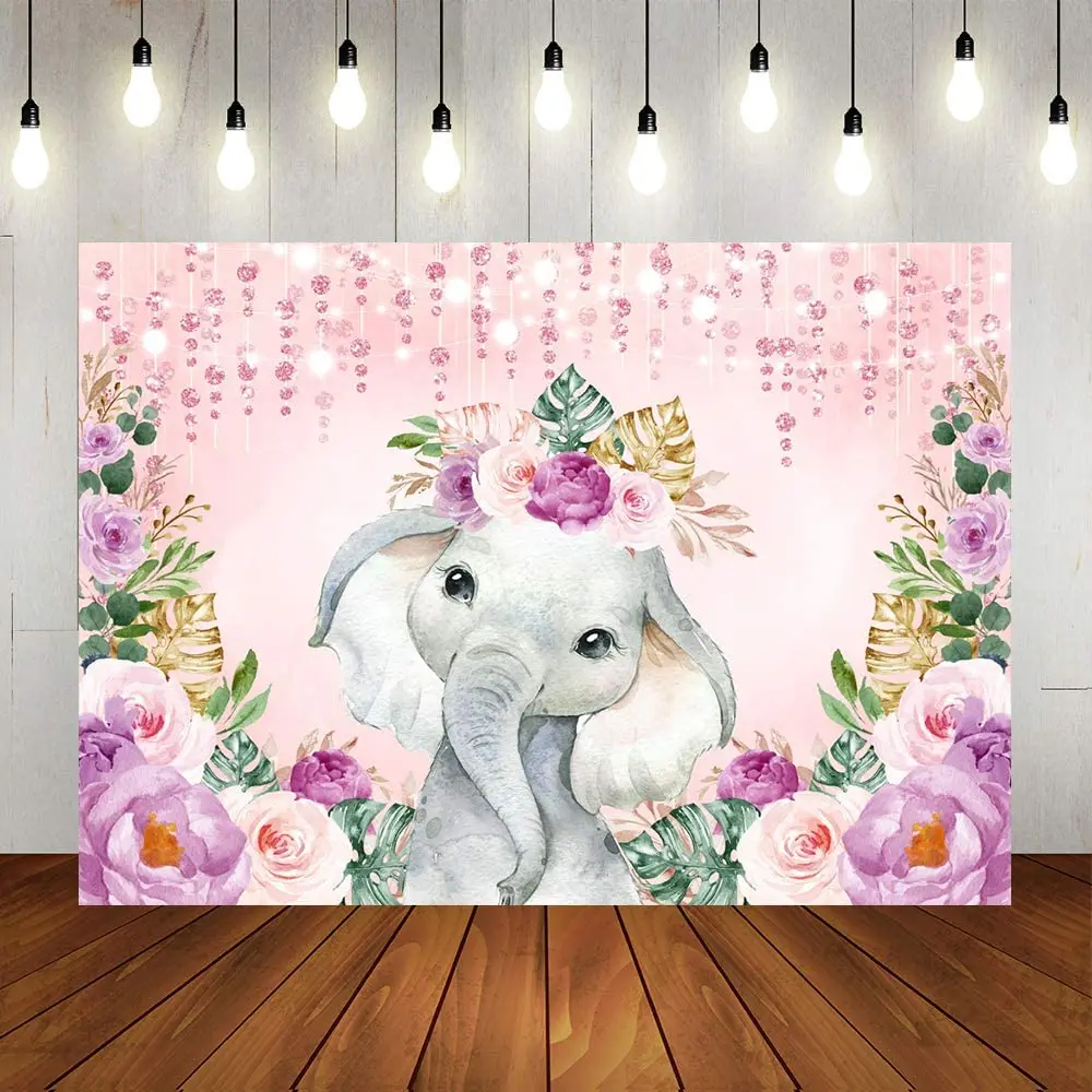 

Watercolor Pink Floral Elephant Baby Shower Backdrop Sweet Grils Boho Purple Flowers Background Happy Birthday Newborn Party