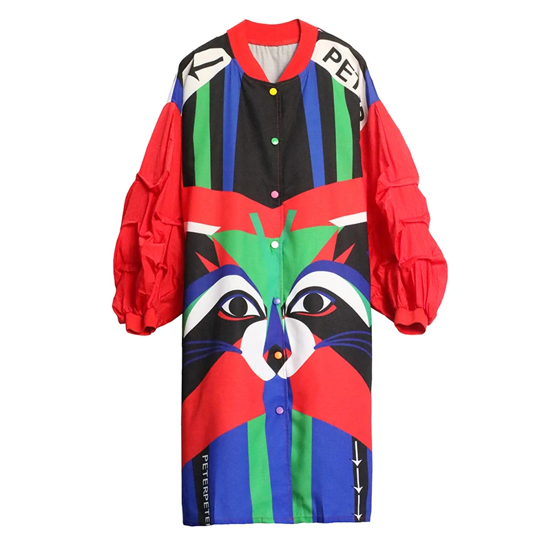 Осень 2021 женское длинное свободное тонкое пальто с мультяшным принтом лисы и