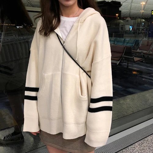 Apricot Woherb Harajuku Knitted Cardigan Women Korean Style Modis Striped Print Hooded Sweater Coat Girls Casual Runway Sweaters - Цвет: Apricot