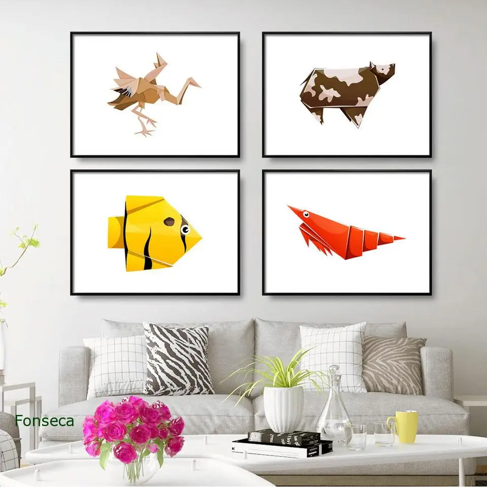 Modern Home Decoration Geometric Animals Canvas Painting Wall Art Picture Horizontal Origami Ladybug Pig Dog Fish Poster | Дом и сад