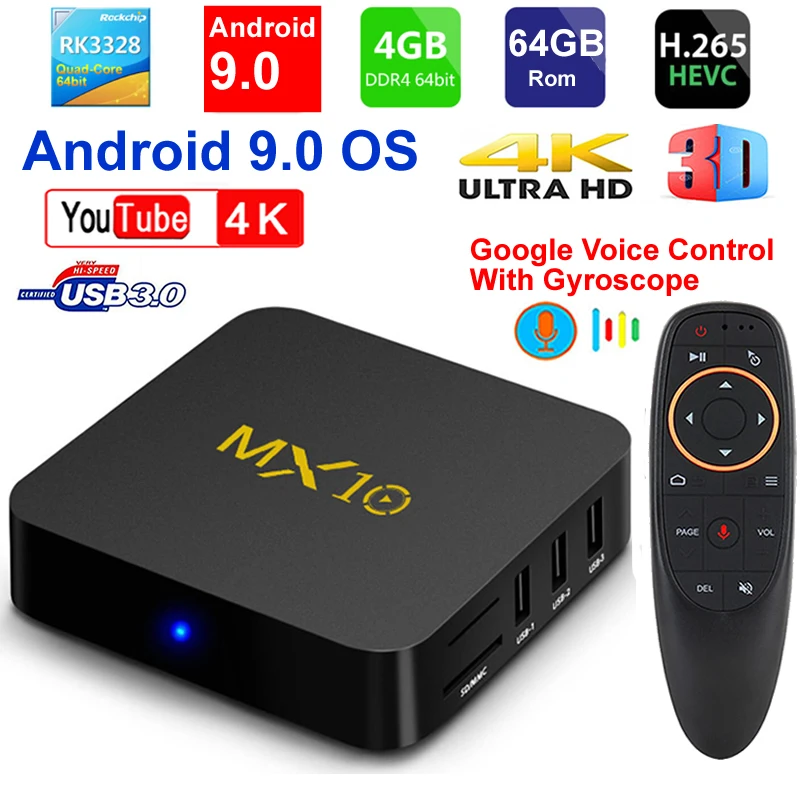 MX10 Android tv BOX Android 9,0 RK3328 Четырехъядерный 4 ГБ ОЗУ 64 Гб ПЗУ 3D 4K HDR10 H.265 USB 3,0 медиаплеер IP ТВ приставка
