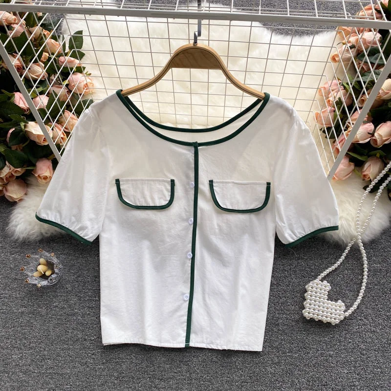 

Elegant Fashion Summer Shirt 2021 Women Korean Style Square Collar Short Sleeve Top Blouse Femme Green White Tops