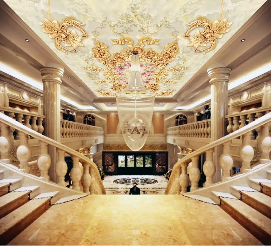 Роскошный Европейский корт золотой розовый мраморный потолок 3D гостиная обои