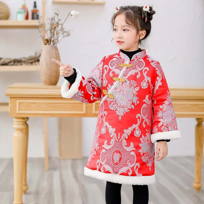 Зимняя одежда Tang для девочек платье в китайском стиле детское плотное теплое
