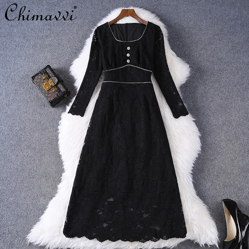 

2021 Autumn Women's Clothing New Fashion Round Neck Lace Button Dresses Feminine High-End Black Temperament Midi Dress
