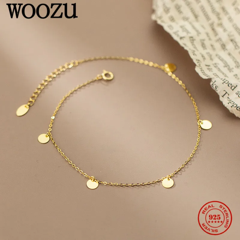 

WOOZU Genuine 925 Sterling Silver Cute Glossy Small Round Disc Anklet For Women Personality Korean Fashion Foot Leg Jewelry Gift