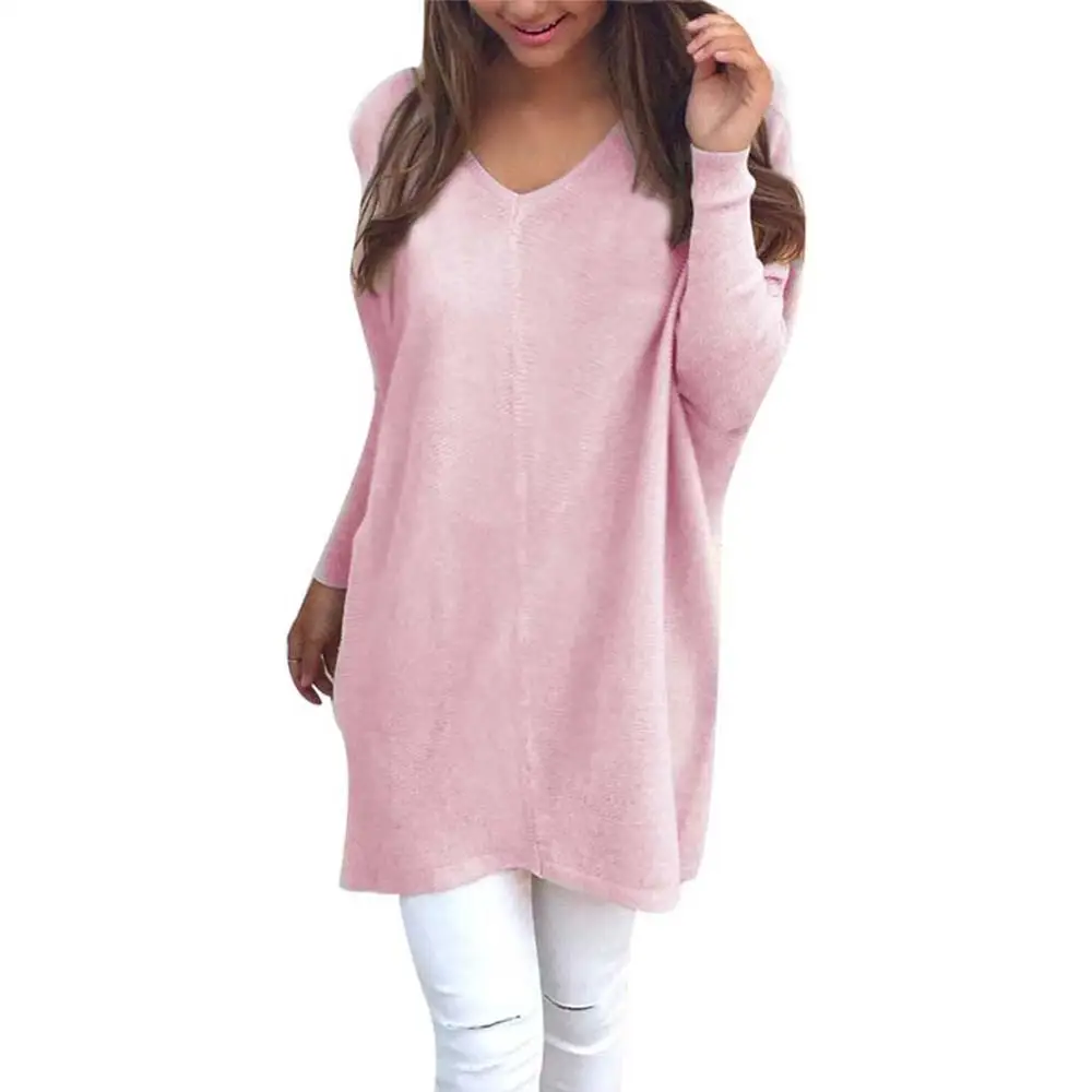 Fashion Sweater Women V Neck Long Sleeve Tunic Pullover Sweaters Casual Loose Knitted Solid Color Women's | Женская одежда