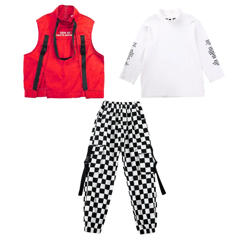 Kid Hip Hop Clothing Sleeveless Jacket Top Streetwear Checkered Tactical Cargo Jogger Pants for Girl Boy Dance Costume Clothes