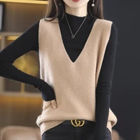spring autumn vest womens temperament wear large v neck pure wool knitted sleeveless vest loose pullover sweater all match tops