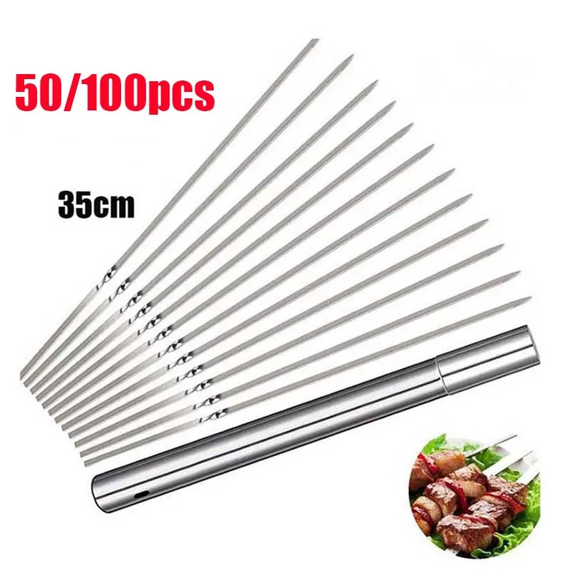 

50/100PCS Stainless Steel Barbecue Skewers Tube Reusable BBQ Skewer Needle Sticks for Shish kabob Grill Kitchen Accessories