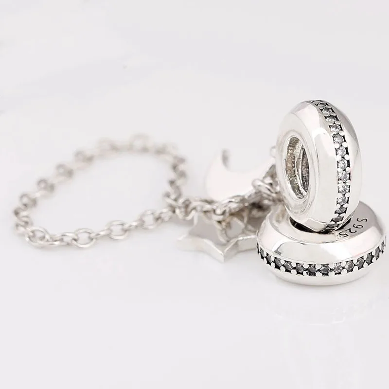 

Original 925 Sterling Silver New Star Moon Star River Safety Chain Fit Pandora Women Bracelet & Necklace Diy Jewelry