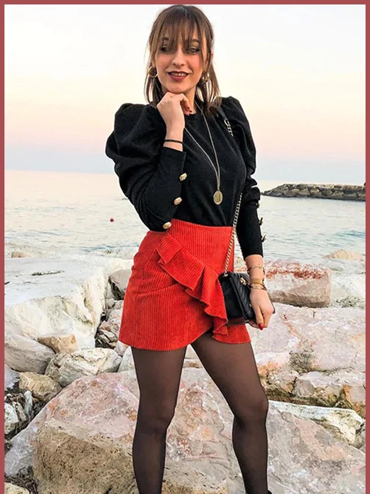 Sheinside, черная женская футболка с длинным рукавом, с пышными рукавами, с пуговицами, футболка,, тонкая, осенняя, рубашки, элегантные, женские топы