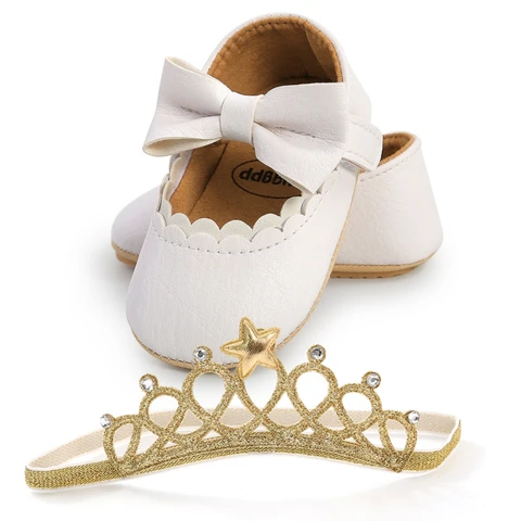 Обувь для маленьких девочек с повязкой на голову с короной; Модная кожаная обувь принцессы с бантом; Обувь для первого дня рождения; Mary Jane Prewalker; 0-18M