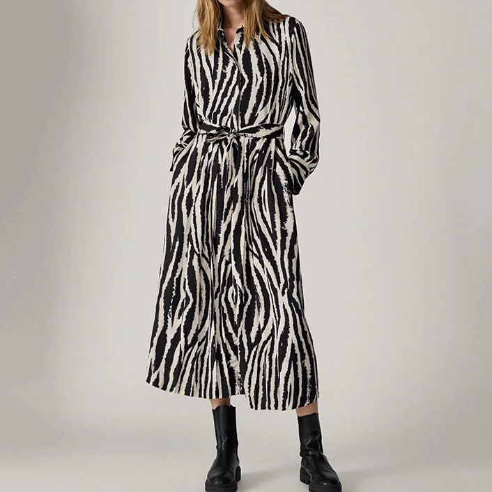 and 2021 Spring Autumn Long-sleeved Lapel High-end Fashion Simple Zebra Pattern Mid-length Dress Women