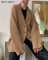 wotwoy autumn winter casual oversized knitted cardigan women button v neck loose sweater coats female korean long sleeve jumper
