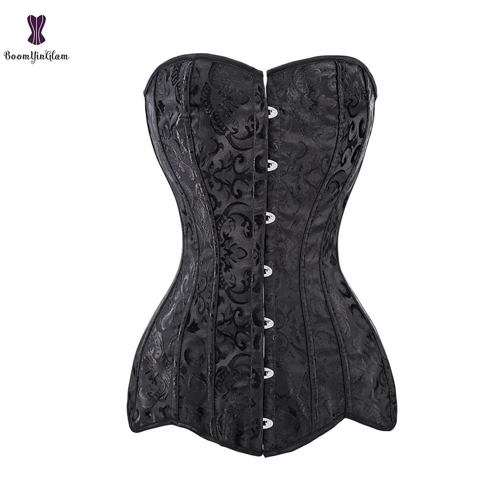 Женский длинный корсет в стиле стимпанк со стальными косточками черный белый