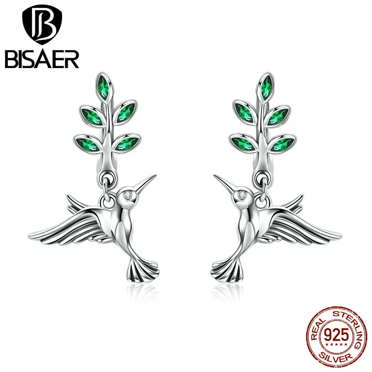 Женские серебряные серьги капли в форме птицы BISAER 925 пробы с колибри модель GXE464
