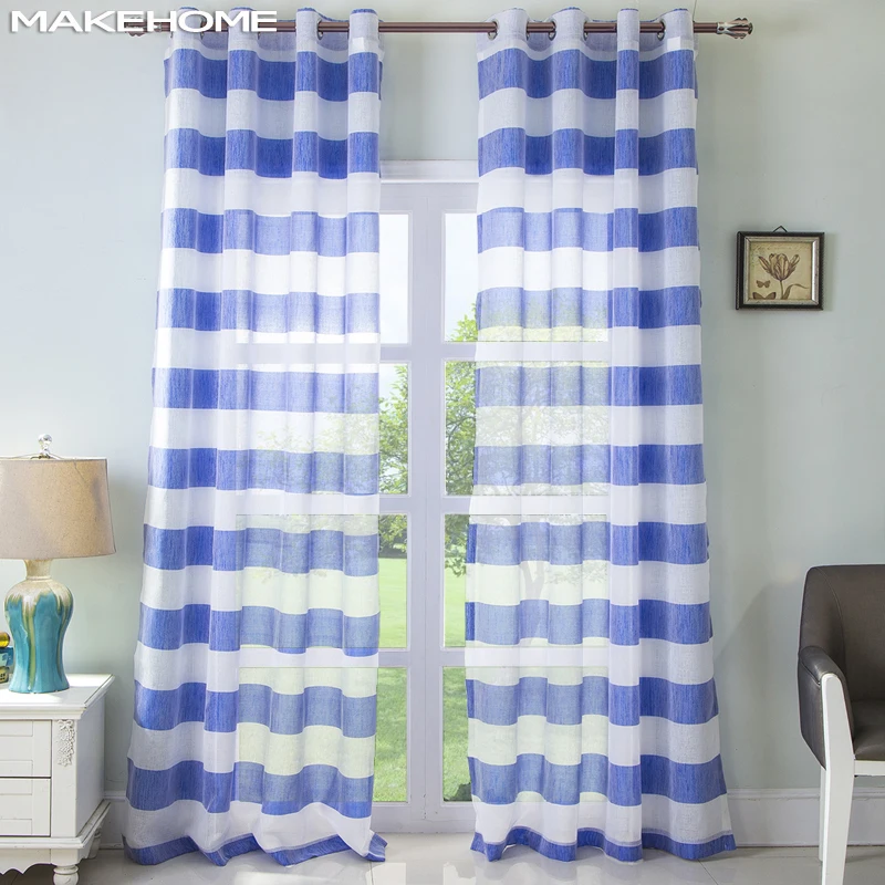 MAKEHOME Horizontal Stripes Modern Sheer Curtain for Bedroom Living room Blue Yellow Gray Window Cortina Voile Tulle Custom Size | Дом и сад