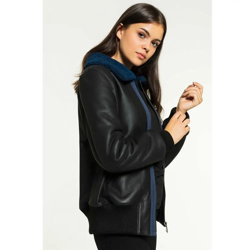 2019 New Womens College Shearling Jacket Turkey Sheepskin Coat Black Leather Jacket Short Fur Coat