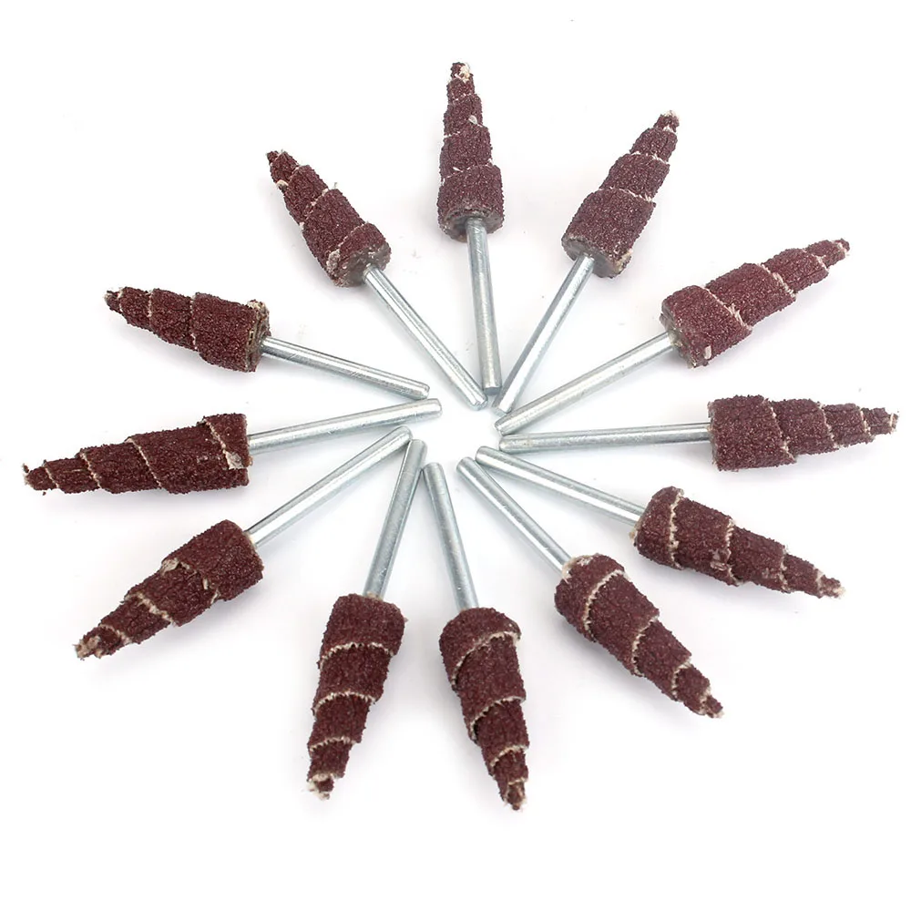 Шлифовальные головки конической формы с лепестками зернистости на полотне для полировки и шлифовки с насадкой на сверлильную машину с хвостовиком 3 мм.