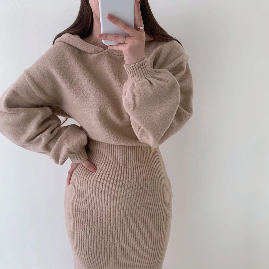 

Hollow Out Split Sweater Dress Women Korean Bodycon Sexy Knit Dress Puff Sleeve Sheath Textured Vestidos Mujer Winter Dress