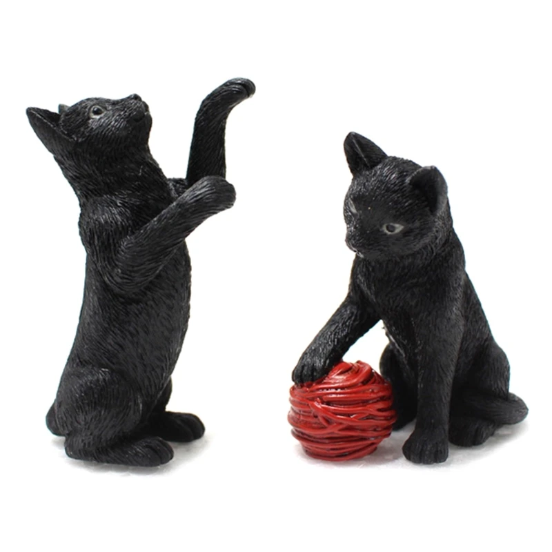 

6Pcs Miniature Resin Black Cat Figurine with Luminous Eyes Garden Stake Statues