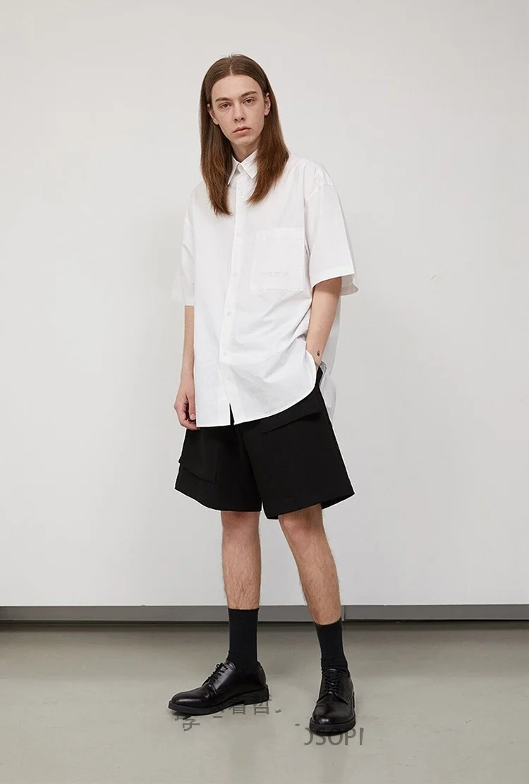 Черные мужские свободные брюки с большими карманами и асимметричными шортами -