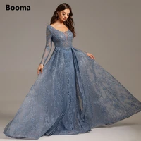 booma luxury blue heavy beaded embroidered evening dresses scoop long sleeves overskirts illusion formal party gowns real photos