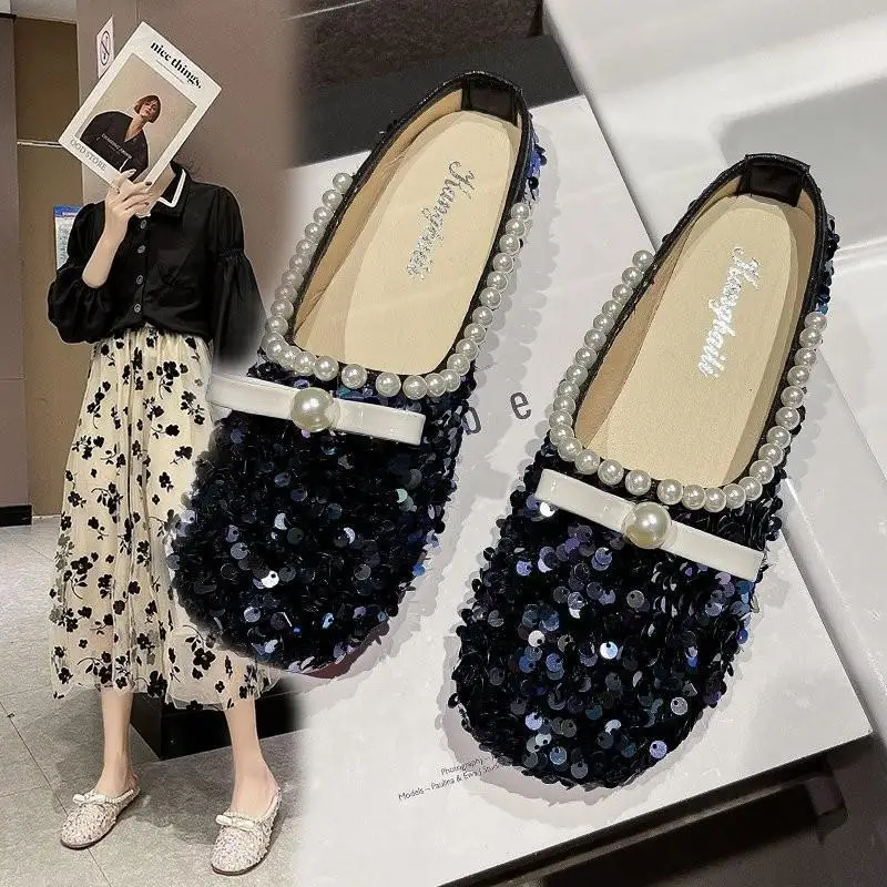 

Новинка весна-осень 2021, дизайнерские женские полутапочки с блестками и бисером Baotou на мягкой подошве, универсальные, для ленивых мюллеров