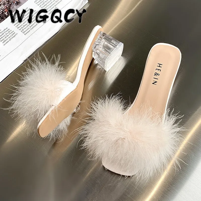 New Summer Fluffy Peep Toe Sexy High Heels Women Shoes Fur Feather Lady Fashion Wedding Slip-On Pink Square Toe Women Sandals