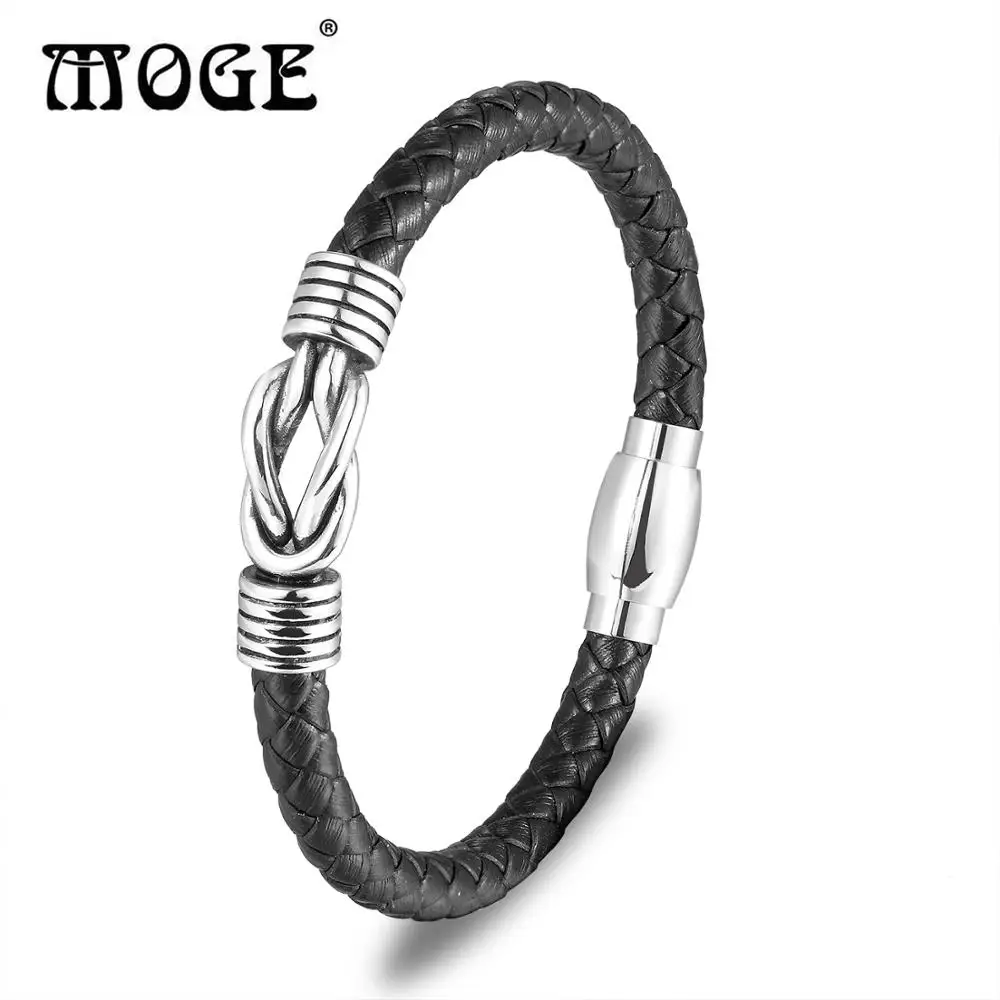 Модные браслеты MOGE из натуральной кожи мужские нержавеющей стали с магнитными