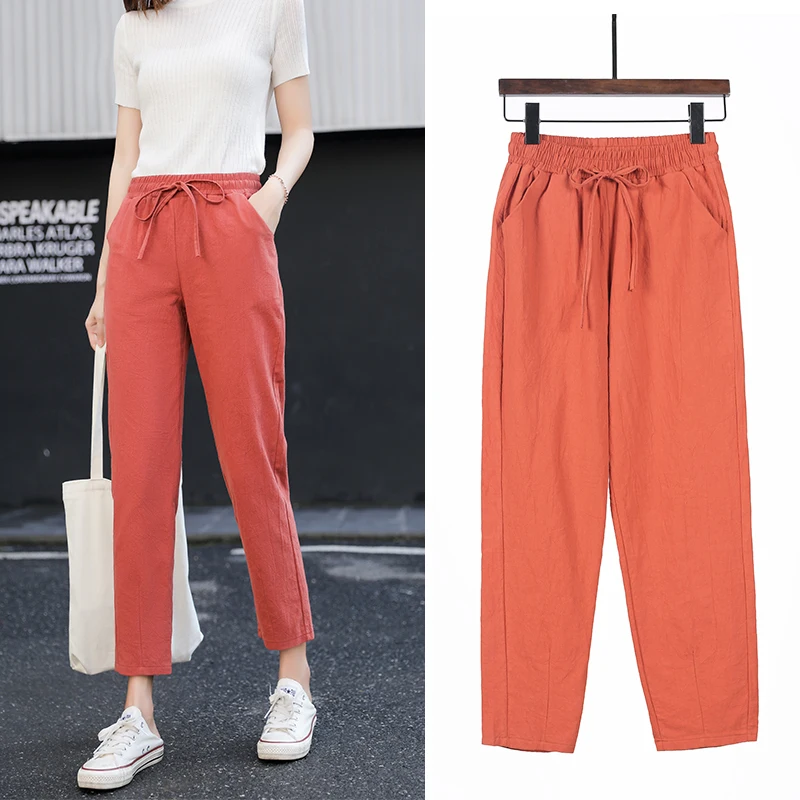 

Womens Spring Summer Pants Cotton Linen Solid Elastic waist Candy Colors Harem Trousers Soft high quality for Female ladys S-XXL