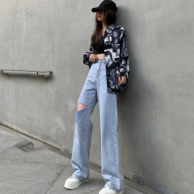 

SLPBELY Streetwear Ripped Hole High Waist Jeans Spring Summer Women Wide Leg Pants Casual Hole Straight Denim Vintage Trousers