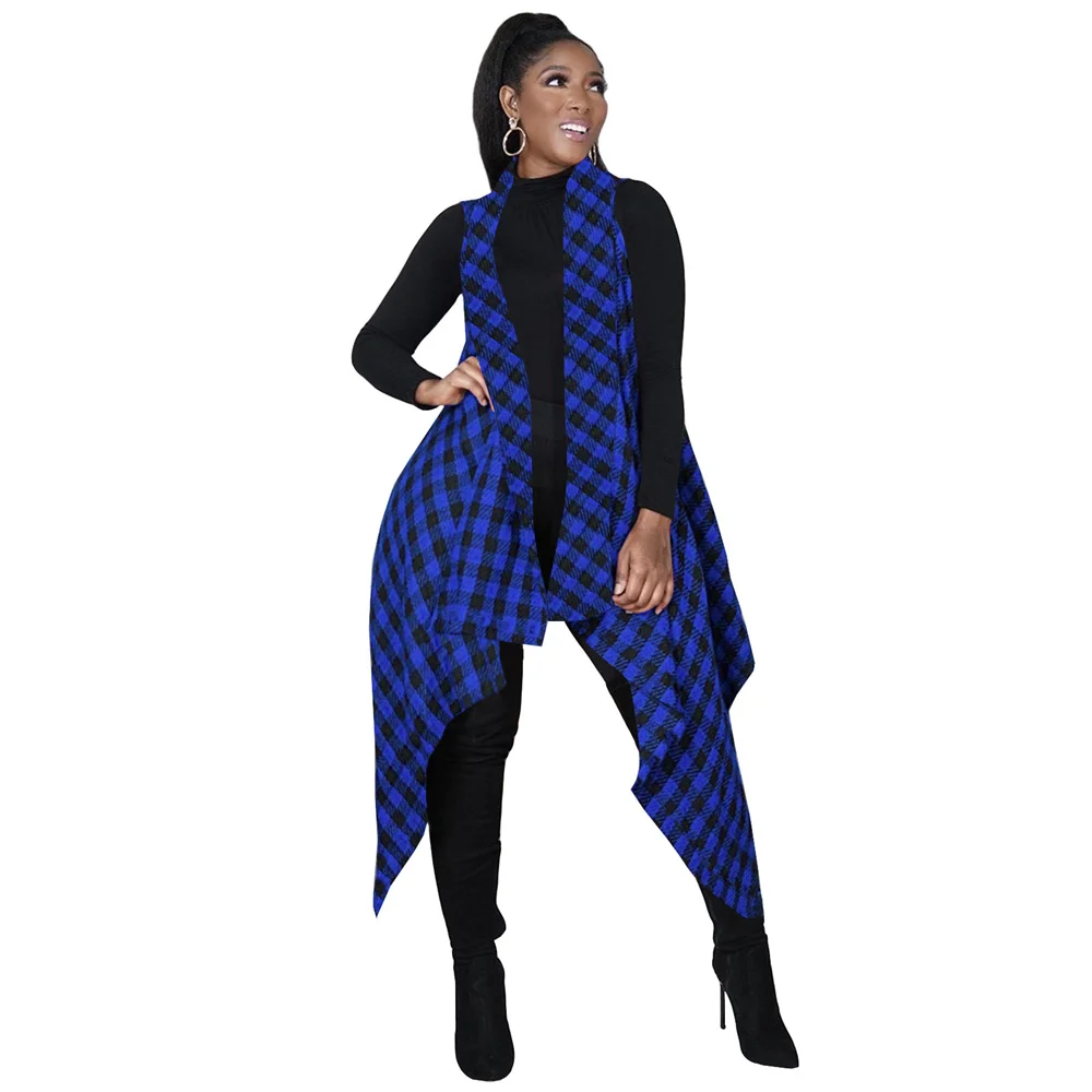 Женская длинная куртка в клетку Асимметричное пальто без рукавов с