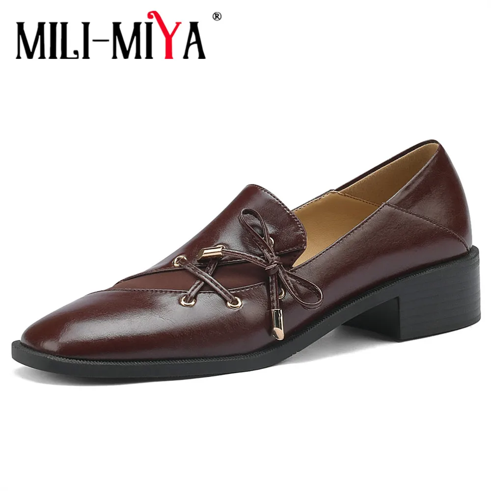 

MILI-MIYA Spring New Arrival Women Pumps Square Toe Chunky Heel All-match Genuine Leather Lace Up Slip-On College Casual Shoes