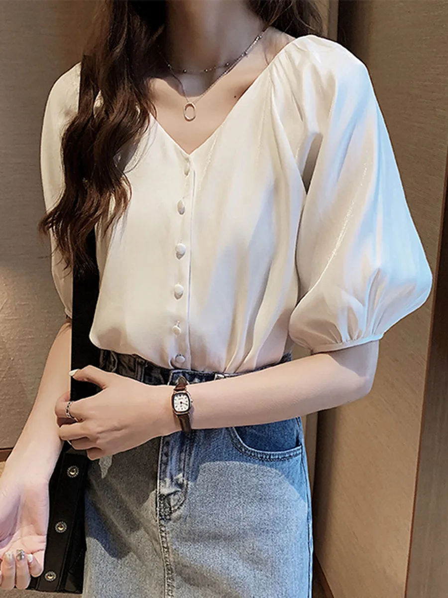 Summer Office Ladies Korean Vintage Simple Chiffon Women Blouses Sexy Loose Button Lantern Sleeve Elegant Female Fashion Shirts | Женская