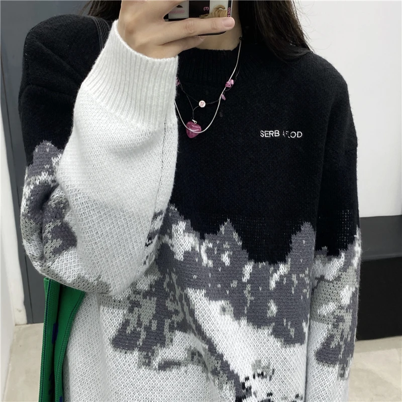 

Женский винтажный свитер в стиле Харадзюку, черный трикотажный пуловер в стиле «снежные Горные горы», повседневная верхняя одежда, вязаный ...