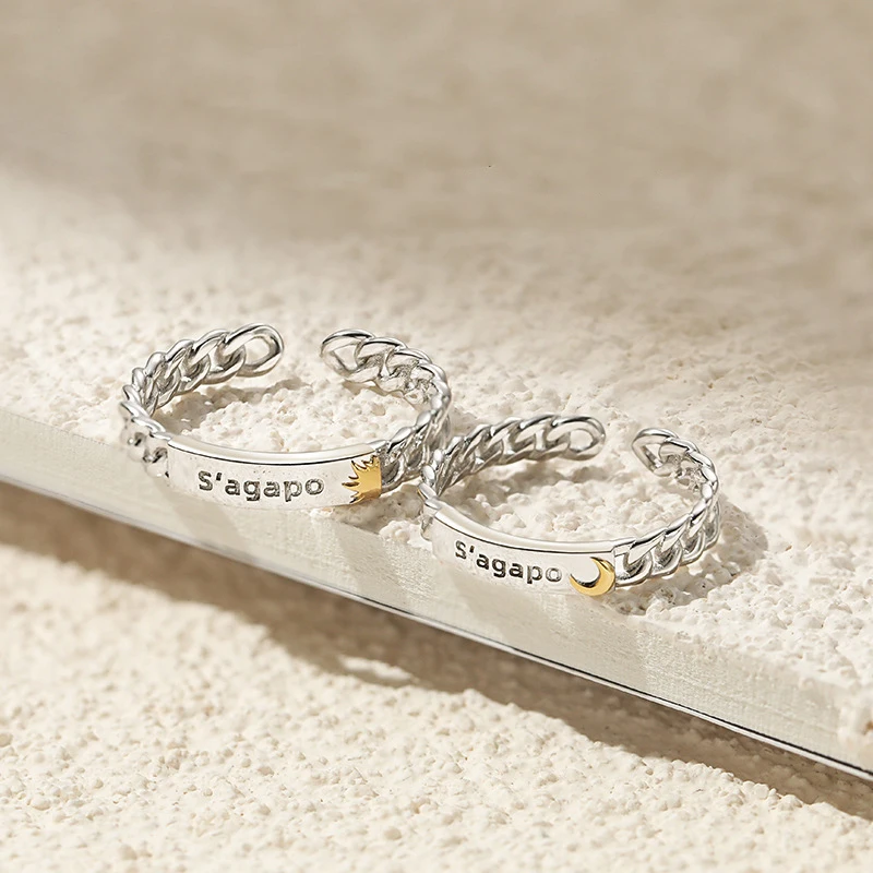 

New hot sale couple silver color chain divided into golden sun and moon adjustable ring fashion trend jewelry gift J434