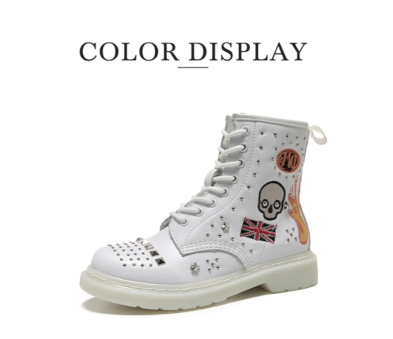 Autumn Winter Skull Rivet Women Ankle Boots White Genuine Leather Woman Boots Round Toe Lace Up Shoes Motorcycle Female Footwear