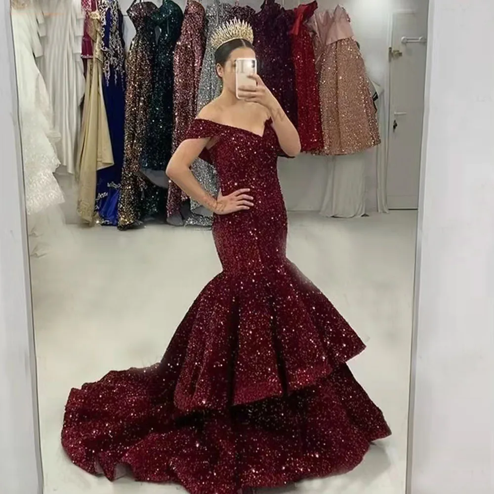 

Burgundy Sequins Mermaid Prom Dresses Long V Neck Off Shoulder Tiered Ruffles Sexy Evening Gown Backless vestidos defiesta