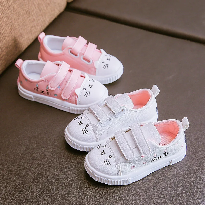 

FZX Fashion New Single Shoes Velcro Casual Children's Shoes Female Children Cute Cat Non-slip Low-top Sports White Shoes
