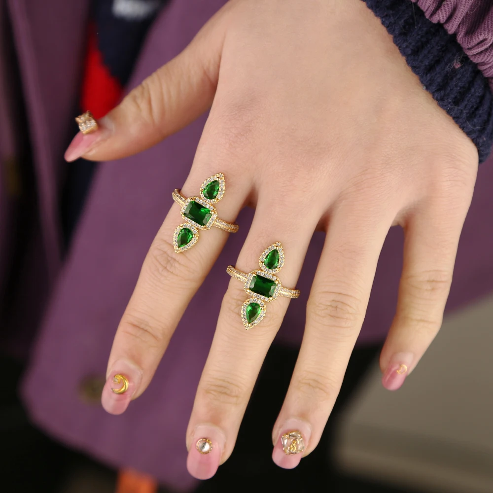 Роскошные 3 зеленые CZ капли воды и квадратные кристаллы Kingly Кольца Мини
