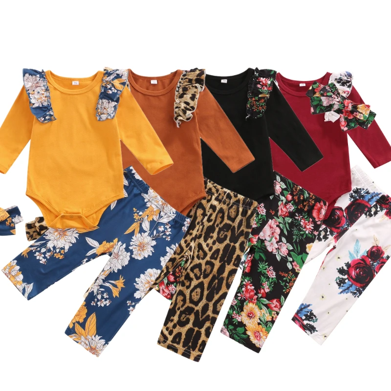 

2pcs Baby Girls Long Sleeve Romper + Pants + Bow Hairband, Sweet Flower Print Ruffle Decoration Clothing Sets Outfits